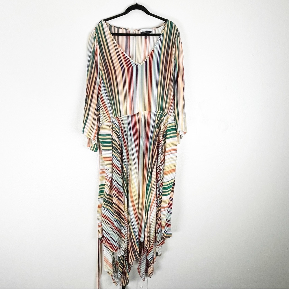 ELOQUII Elements Rainbow Stripes Belted Waist Flowy Handerkchief Hem Dress 24